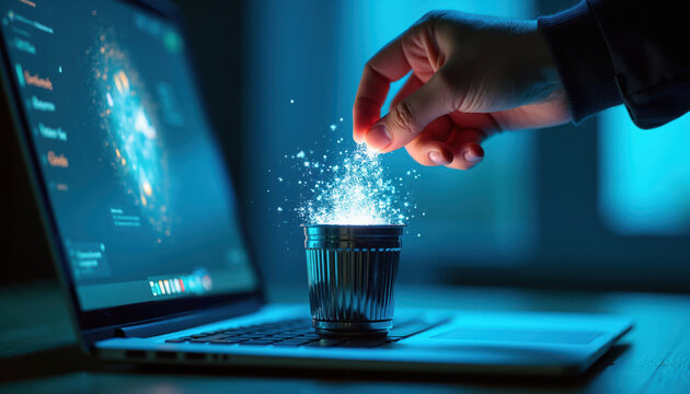 Hand discards glowing data into tiny trash bin on laptop. Digital information delete process, cyber cleanup. Abstract concept of data removal and system reset.