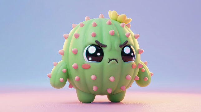 Cute green cactus character with pink spines and yellow flower, looking grumpy against pastel background