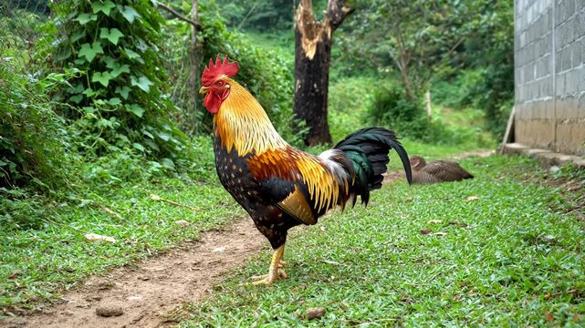 Colorful rooster standing on green grass in rural farm backyard