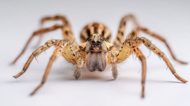 Close-up photograph of a brown wolf spider on a plain white background, detailed macro portrait