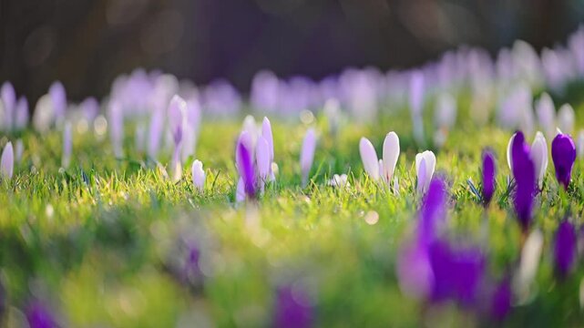 Sunny spring forest with blooming white crocuses, peaceful nature background, 4K slow motion