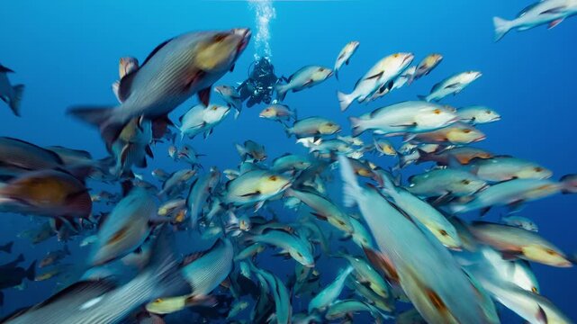 Spawning rush of Twin spot snapper up to and in front oft of SCUBA Diver with underwater camera