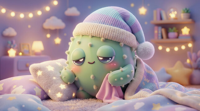 Cute green cactus character wearing a cozy sleep cap and blanket, resting peacefully in a soft, starry bedroom with warm lights.