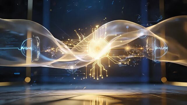 Abstract Digital Microchip Animation with Flowing Data Streams and Glowing Light Effects