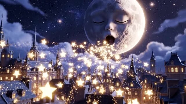 Whimsical Moon Character Sprinkles Stars Over Enchanted Cityscape at Night.