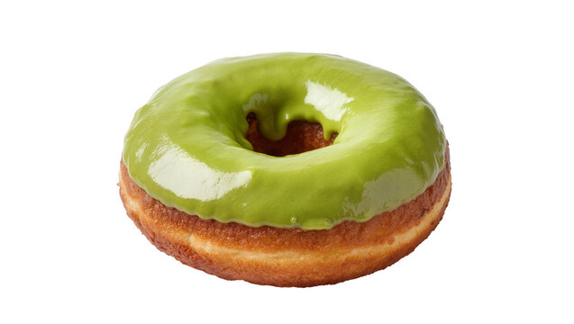 Golden brown donut with glossy green matcha icing, isolated on transparent background