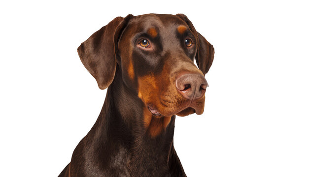 Brown Doberman Pinscher dog head with tan markings, isolated on transparent background
