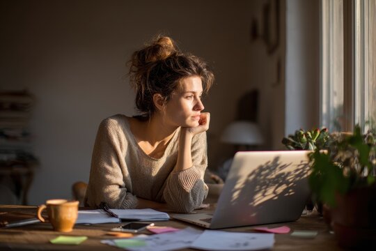 Bored at Home Office: a woman procrastinating at a cluttered laptop desk