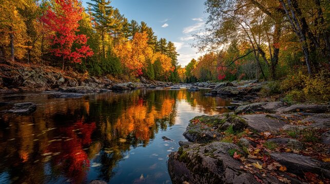 High banks of the Ausable River in Michigan during peak autumn foliage