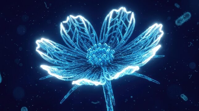 Microscopic view of bioluminescent flower structure made of glowing cyan bacteria and organisms.