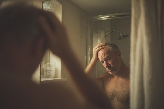 Close-up portrait of a man with thinning hair contemplating aging and self-image