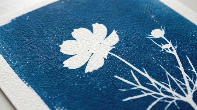 Cyanotype art print showing white cosmos flower silhouette with branches on textured blue paper.