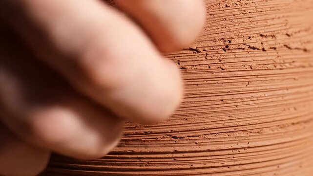 Hands shaping a terracotta clay pot on potter's wheel