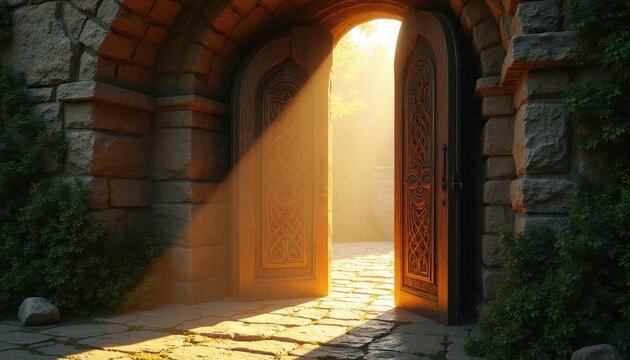 Massive carved wooden doors open to show bright sunlit path beyond stone wall. Light streams through archway onto old cobblestone ground. Green ivy climbs ancient masonry exterior.