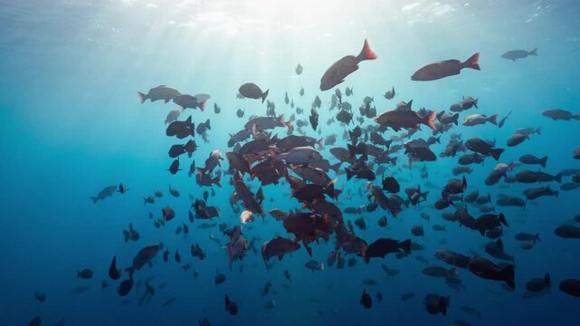 Underwater shot of spawning aggregation of twin spot snapper, backlit in shallow tropical water by sun