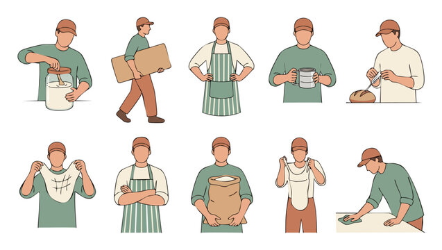 Baker character set with cooking activities, baking bread process, kneading dough and wearing apron. Professional bakery staff, kitchen work uniform, culinary professional vector illustration icon col