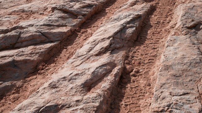 Close-up of a dusty desert path with faint vehicle tread marks crossing a parched and textured ground under harsh lighting.