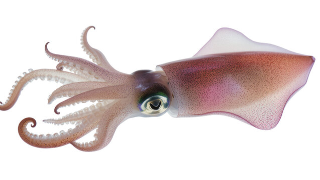 Pinkish brown squid with tentacles and large eye, isolated on transparent background