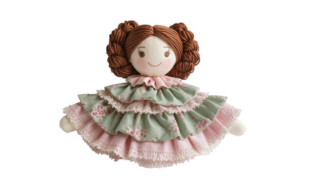 Soft fabric doll with brown yarn hair and ruffled pink and green dress, isolated on transparent background