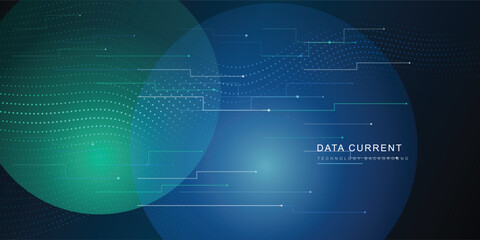Obraz premium Abstract digital data stream with glowing circles and network lines representing technology and information flow on a dark background