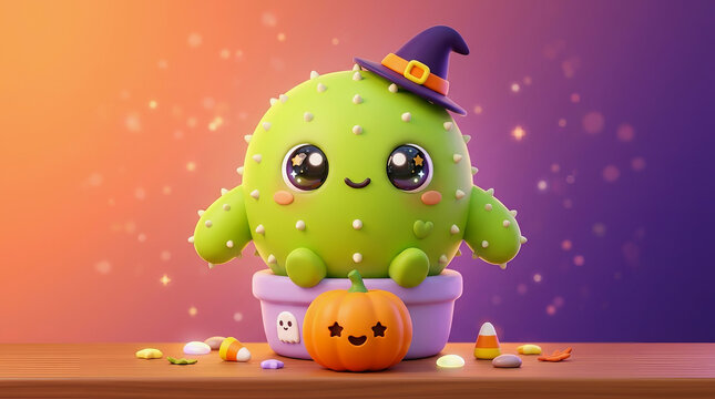 Cute green cactus wearing purple witch hat sits in pot with pumpkin and candy corn on wooden table against gradient background