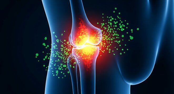 Human knee joint with highlighted inflammation and pain glowing red and yellow on dark blue background