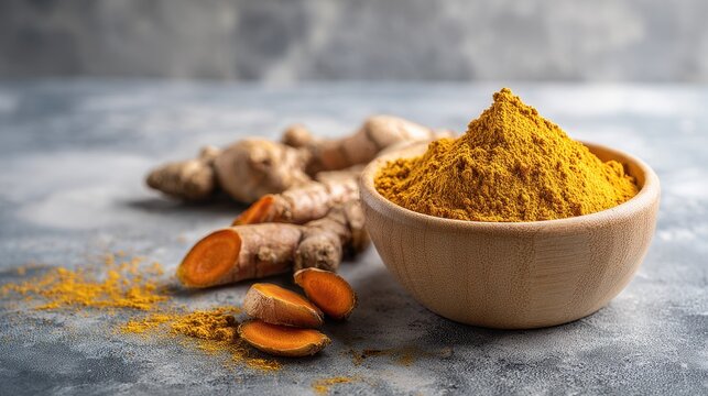 Ground turmeric in wooden bowl with fresh turmeric and ginger roots on an industrial gray background featuring copy-ready banner space