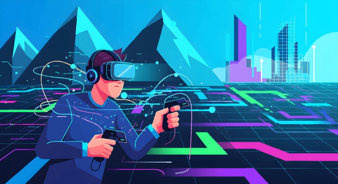 Man wearing VR headset and holding controllers in futuristic cityscape