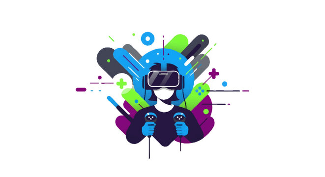 Virtual reality gamer wearing VR headset and holding controllers