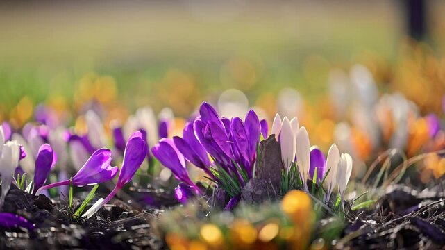 Vibrant crocuses flowering on meadow, spring awakening, soft light, cinematic 4K slow motion