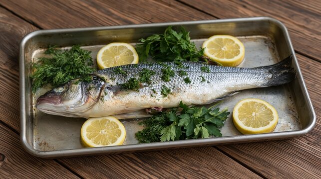Whole baked branzino seasoned with aromatic herbs and fresh lemon slices served in a rustic metal roasting dish on a wooden table.