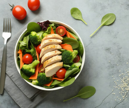 Ensalada saludable de pechuga de pollo a la parrilla con br&oacute;coli, tomates cherry y espinacas en un bol blanco sobre fondo gris