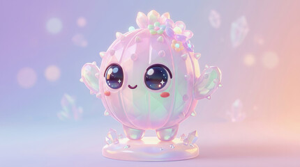 Naklejka premium Cute pastel jellyfish character with big eyes and sparkles stands on a glowing base against a soft gradient background.