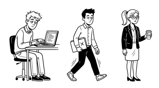 A series of stressed individuals depicting the work-life imbalance.