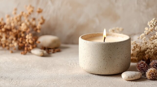 Candle with vanilla scent burns on a beige surface. Cozy scene with stones and dried flowers. Perfect for home comfort, spa, relaxation, and a healthy lifestyle.