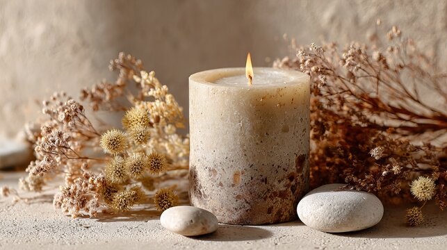 Candle with vanilla scent burns on a beige surface. Cozy scene with stones and dried flowers. Perfect for home comfort, spa, relaxation, and a healthy lifestyle.