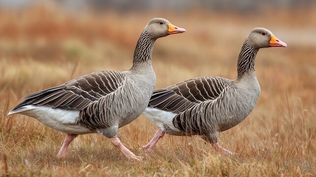 Couple of gray pet geese walk around their grassy field.