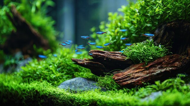 Calm planted aquarium scene featuring vibrant greenery, mossy wood, decorative stones, and a school of blue neon tetras in clear water