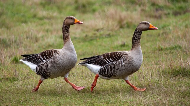 Couple of gray pet geese walk around their grassy field.