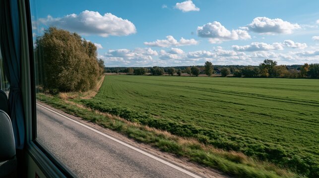 View from a bus window of vibrant green agricultural fields and distant tree lines passing by under a soft daylight sky.