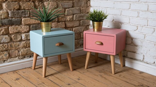 Pair of vintage wooden side tables painted in vibrant pink and soft blue finishes featuring ornate metallic handles on a neutral background.