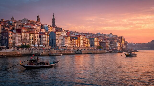 Old city Porto view from Duoro river. Port boats sail at sunset.