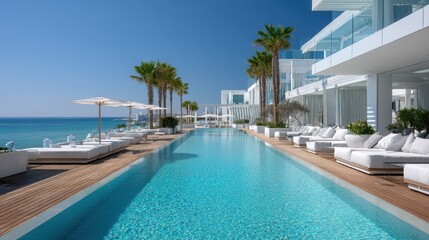 Fototapeta premium Elegant seaside hotel overlooking a crystal-clear pool and sunbeds on a wooden deck