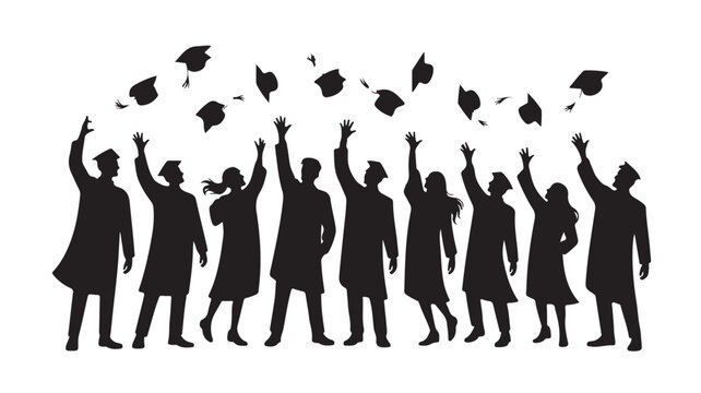 Graduates Throwing Caps Silhouette for University Celebration and Academic Success Concepts