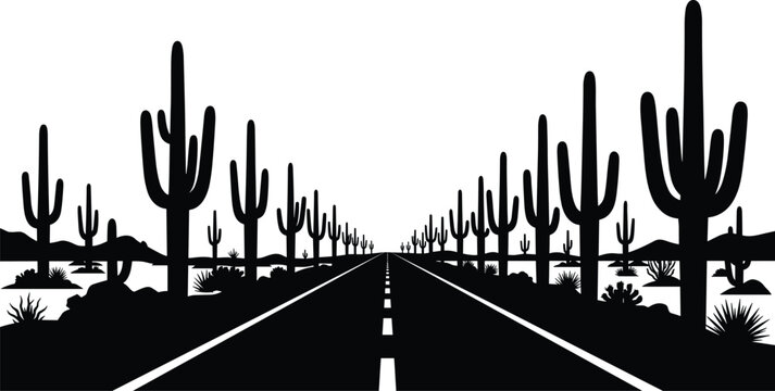 Desert highway illustration with cacti, rocky terrain, and distant mountains in stylized black-and-white silhouette