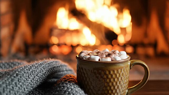 Hot cocoa with marshmallows and blanket in front of fireplace