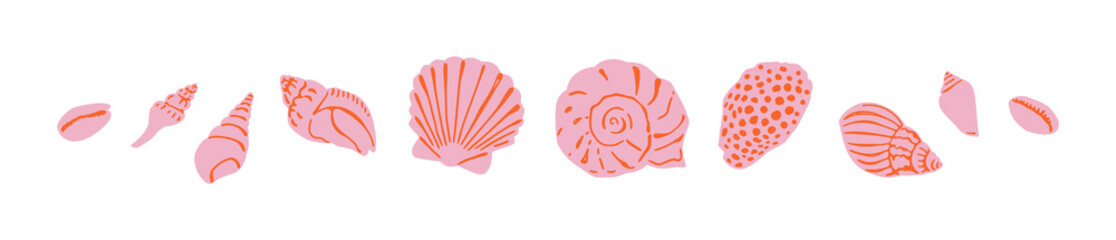 Set of diverse sea shell, aquatic life animals in flat cartoon style. Isolated marine seashell, star fish and more exotic wildlife. Summer vacation collection, tropical beach shells. © Dedraw Studio