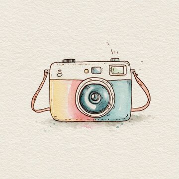 Casual hand-drawn camera doodle in watercolor ink aesthetic