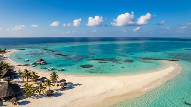 Aerial perspective of a serene tropical beach featuring turquoise water, white sand, palm trees, and anchored boats near the shore with a clear sky
