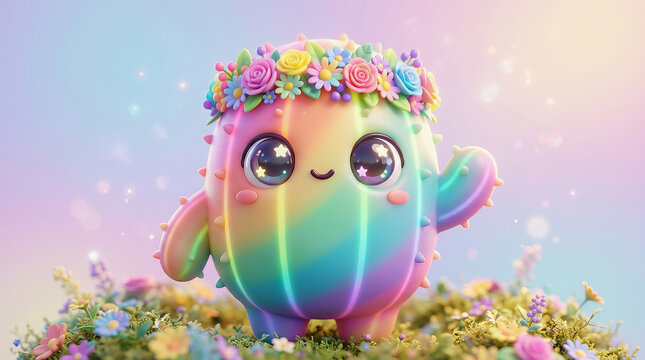 Cute rainbow cactus character wearing colorful flower crown standing in vibrant meadow with sparkling magical background and soft pastel lighting